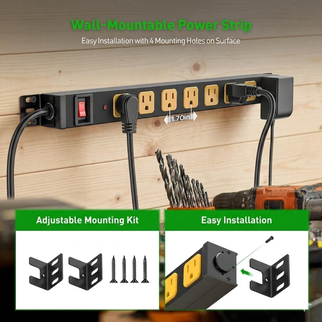 Alt view image 2 of 7 - 8 Outlet 360° Rotate Heavy Duty Metal Power Strip 15A/1875W, 6FT Cord 2100 Joules Surge Protector Power Strip, Perfect for Garage Wokeshop Home Office School