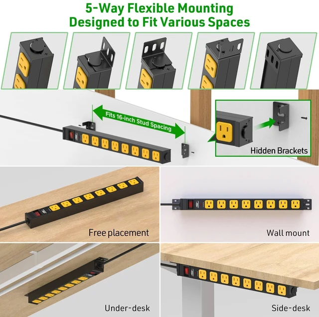 Alt view image 4 of 7 - 8 Outlet 360° Rotate Heavy Duty Metal Power Strip 15A/1875W, 6FT Cord 2100 Joules Surge Protector Power Strip, Perfect for Garage Wokeshop Home Office School
