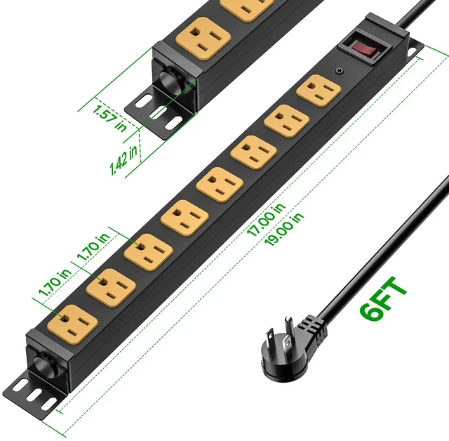 Alt view image 5 of 7 - 8 Outlet 360° Rotate Heavy Duty Metal Power Strip 15A/1875W, 6FT Cord 2100 Joules Surge Protector Power Strip, Perfect for Garage Wokeshop Home Office School