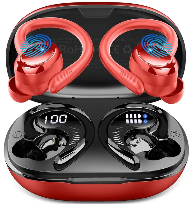 Main image of Wireless Earbuds Sport, NEW Bluetooth 5.4 Headphones with Earhooks, 50H Stereo Deep Bass Over Ear Buds with 4 ENC Noise Canceling Mics, IP7 Waterproof Earphones for Running Workout Gym -Red