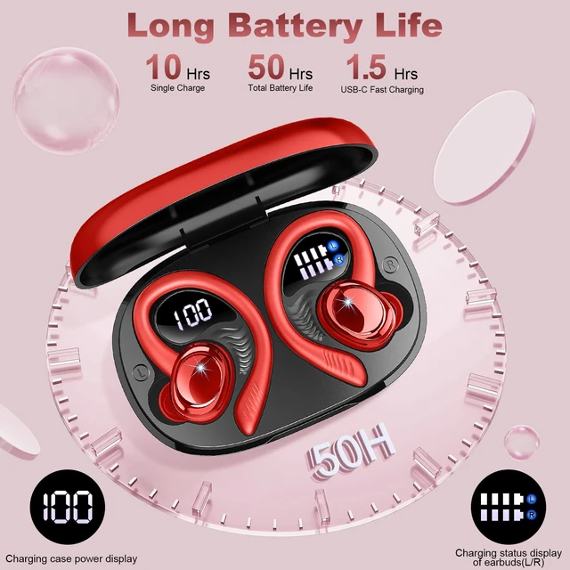 Alt view image 6 of 7 - Wireless Earbuds Sport, NEW Bluetooth 5.4 Headphones with Earhooks, 50H Stereo Deep Bass Over Ear Buds with 4 ENC Noise Canceling Mics, IP7 Waterproof Earphones for Running Workout Gym -Red
