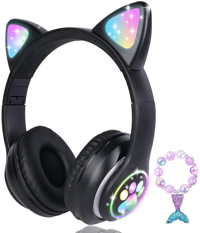 Main image of Cat Ear Kids Headphones Bluetooth, LED Light up Wireless/Wired Mode Over Ear Headphones with Build in Microphone for School/Travel (Black)