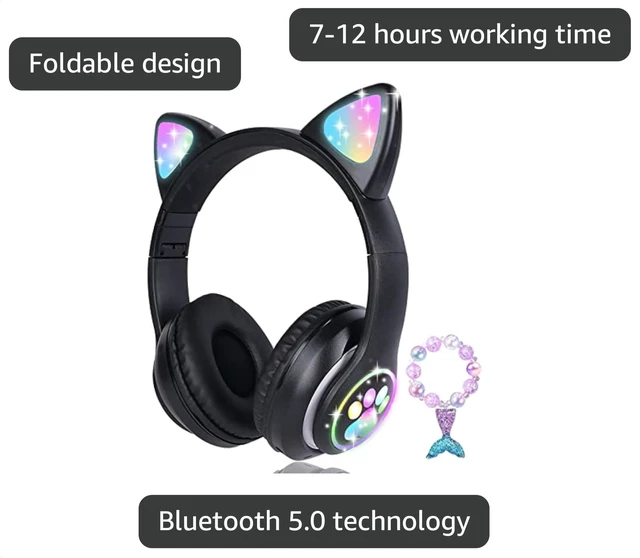 Alt view image 3 of 3 - Cat Ear Kids Headphones Bluetooth, LED Light up Wireless/Wired Mode Over Ear Headphones with Build in Microphone for School/Travel (Black)