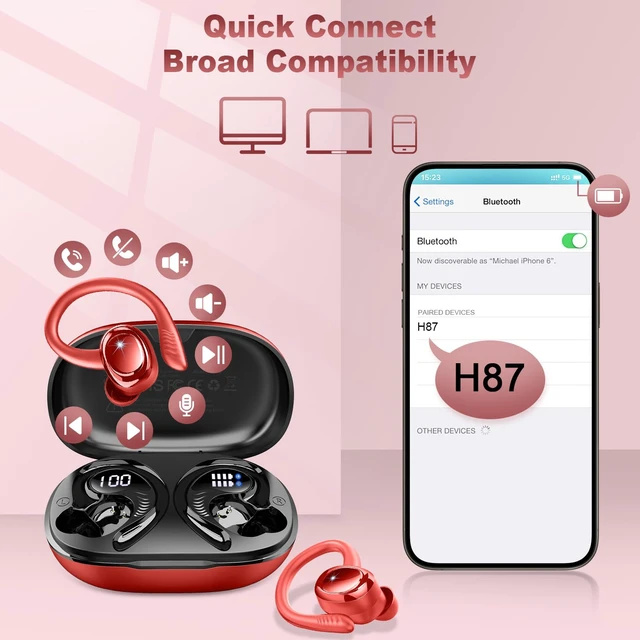 Alt view image 7 of 7 - Wireless Earbuds Sport, NEW Bluetooth 5.4 Headphones with Earhooks, 50H Stereo Deep Bass Over Ear Buds with 4 ENC Noise Canceling Mics, IP7 Waterproof Earphones for Running Workout Gym -Red