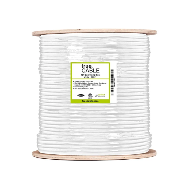 Alt view image 2 of 7 - trueCABLE RG6 Dual Shield Coax, 500ft, White, Riser Rated (CMR/CATVR/CL2), Bare Copper Conductor Coaxial Cable, 3GHz Sweep Tested