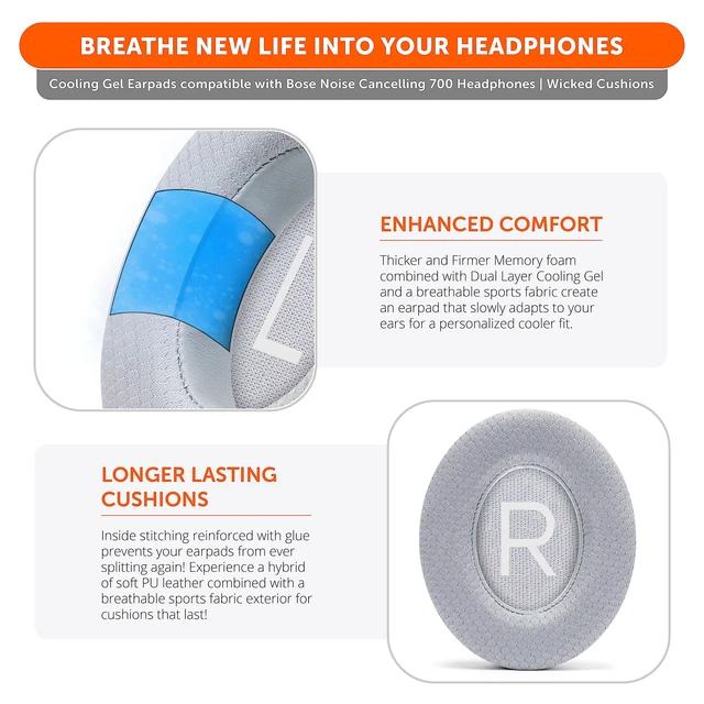 Alt view image 4 of 7 - Freeze NC700 - Cooling Gel Ear Pads for Bose Noise Canceling 700 Made by Wicked Cushions Breathable Sports Fabric, Extra Thick & Cooler for Longer Silver