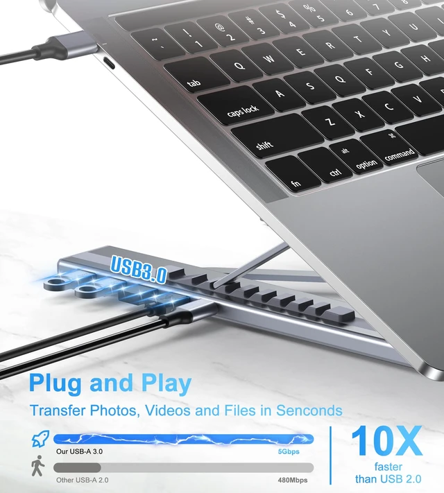 Alt view image 3 of 7 - M61 USB C to USB Hub Portable Laptop Stand, Aluminum 4 Ports USB3.0 Multiport Adapter Adjustable Laptop Docking Station Stand Compatible with MacBook Pro/Air, Chromebook, Keyboard, Mouse, HDD