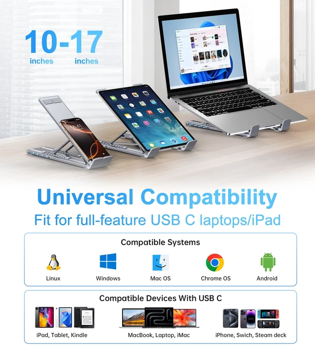 Alt view image 6 of 7 - M61 USB C to USB Hub Portable Laptop Stand, Aluminum 4 Ports USB3.0 Multiport Adapter Adjustable Laptop Docking Station Stand Compatible with MacBook Pro/Air, Chromebook, Keyboard, Mouse, HDD