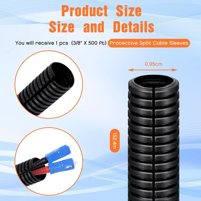 Alt view image 2 of 6 - 3/8" X 500 ft Split Wire Loom Cord Protector Tubing Split Conduit Protector Tubing Convoluted Tube Flexible Electrical Wire Cover Protective Sleeves(Black)
