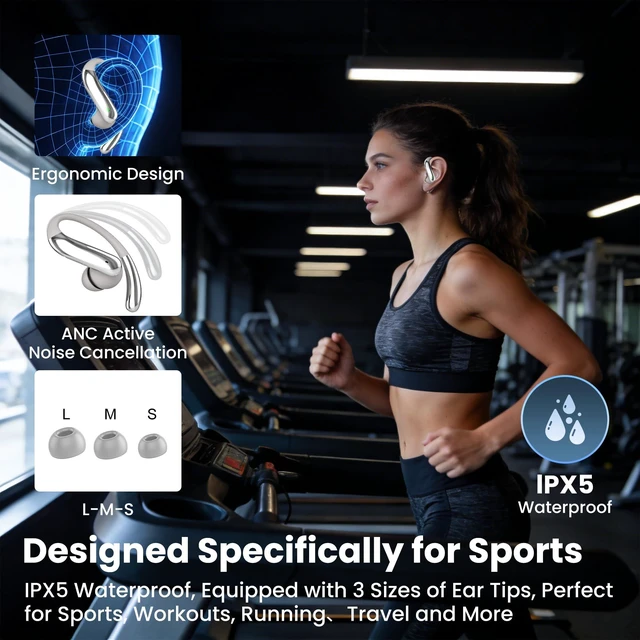 Alt view image 6 of 7 - Active Noise Cancelling Earbuds Wireless Earbuds Bluetooth 6.0 Headphones, Hi-Res Audio Clear Calls Earphones with Over Ear Hooks for Running Gym Workout Travel Beige