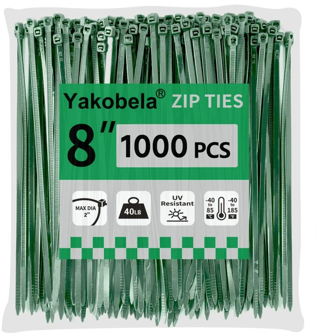 Main image of Green Zip Ties 8", 1000 Pack, Cable Ties UV Resistant, Wire Ties 40 lbs Tensile Strength for Garden, Plants, Fence, Holiday Lights