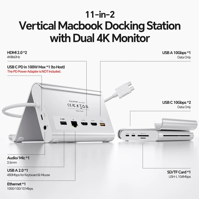 Alt view image 2 of 7 - 11-in-2 USB C Docking Station Dual Monitor 4K@60Hz for for M5/M4/M3 Pro/Max MacBook Docking Station with 2 HDMI, Vertical Stand Dock, PD, Ethernet, SD/TF, 10Gbps USB A/C, USB 2.0, Audio- Silver