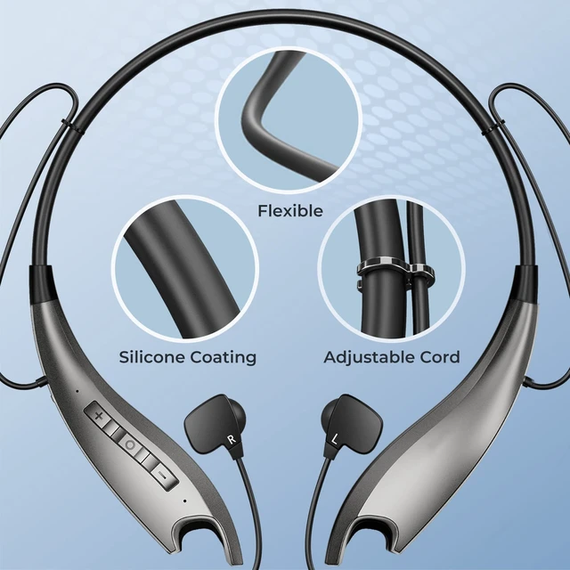 Alt view image 6 of 7 - Neckband Bluetooth Headphones, 24H Playtime, Noise Isolation, Silver Around The Neck Headphones Shark Jaw Design, Bluetooth Headsets with Call Vibration, Earbuds Built-in Mic/IPX7 Waterproof