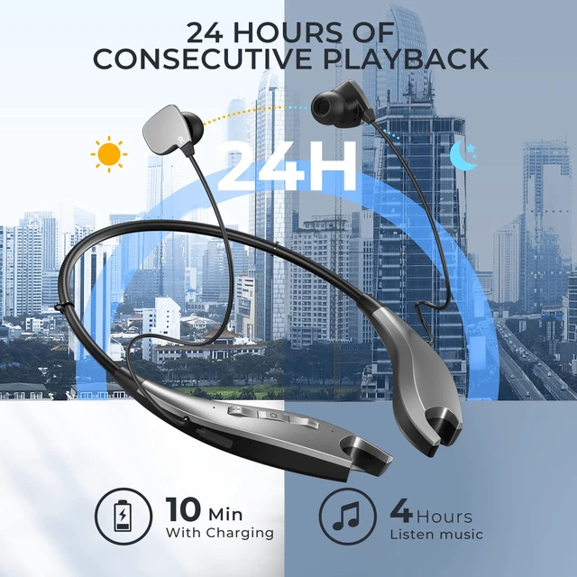 Alt view image 3 of 7 - Neckband Bluetooth Headphones, 24H Playtime, Noise Isolation, Silver Around The Neck Headphones Shark Jaw Design, Bluetooth Headsets with Call Vibration, Earbuds Built-in Mic/IPX7 Waterproof