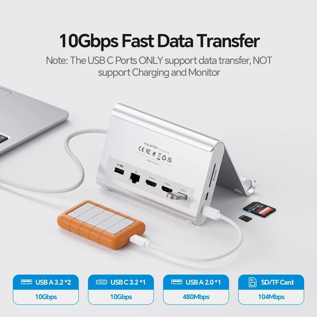 Alt view image 6 of 7 - 11-in-2 USB C Docking Station Dual Monitor 4K@60Hz for for M5/M4/M3 Pro/Max MacBook Docking Station with 2 HDMI, Vertical Stand Dock, PD, Ethernet, SD/TF, 10Gbps USB A/C, USB 2.0, Audio- Silver