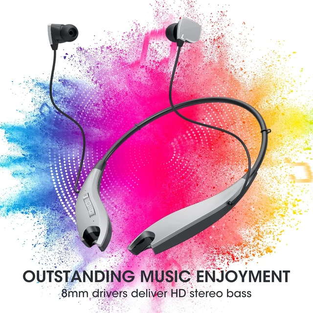 Alt view image 2 of 7 - Neckband Bluetooth Headphones, 24H Playtime, Noise Isolation, Silver Around The Neck Headphones Shark Jaw Design, Bluetooth Headsets with Call Vibration, Earbuds Built-in Mic/IPX7 Waterproof