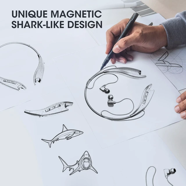 Alt view image 5 of 7 - Neckband Bluetooth Headphones, 24H Playtime, Noise Isolation, Silver Around The Neck Headphones Shark Jaw Design, Bluetooth Headsets with Call Vibration, Earbuds Built-in Mic/IPX7 Waterproof