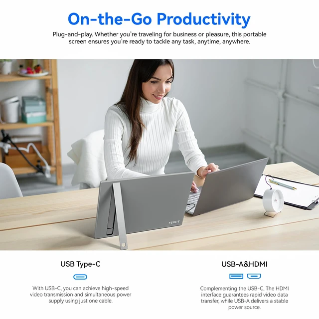 Alt view image 7 of 7 - 16" Portable Monitor with Built-in Stand, IPS Vertical Monitor, USB-C & Mini HDMI External Laptop Screen, Second Display for PC, MacBook, iPad, Phone, Travel & Office