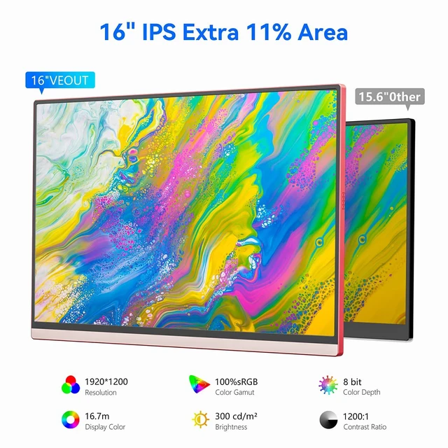 Alt view image 3 of 7 - 16Inch Pink Portable Monitor for Laptop, 1920x1200P IPS 16:10 Computer External Screen, 100% sRGB Stand Support Freesync, for Girl Phone, PC Home Use