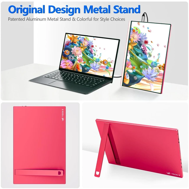 Alt view image 5 of 7 - 16Inch Pink Portable Monitor for Laptop, 1920x1200P IPS 16:10 Computer External Screen, 100% sRGB Stand Support Freesync, for Girl Phone, PC Home Use