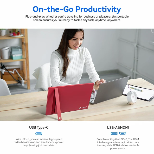 Alt view image 7 of 7 - 16Inch Pink Portable Monitor for Laptop, 1920x1200P IPS 16:10 Computer External Screen, 100% sRGB Stand Support Freesync, for Girl Phone, PC Home Use