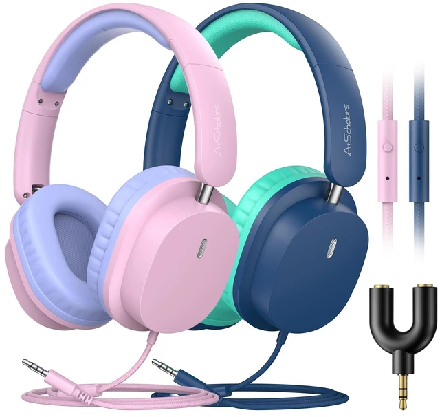 Main image of Kids Wired Headphones for School, 2-Pack with Sharing Splitter HD Mic Stereo sound, Over-ear fit, Foldable design, Tangle-free 3.5 mm cable, Ideal for tablets, laptops and computers
