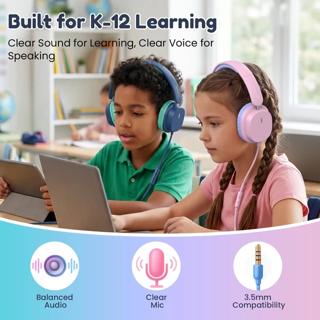 Alt view image 2 of 7 - Kids Wired Headphones for School, 2-Pack with Sharing Splitter HD Mic Stereo sound, Over-ear fit, Foldable design, Tangle-free 3.5 mm cable, Ideal for tablets, laptops and computers