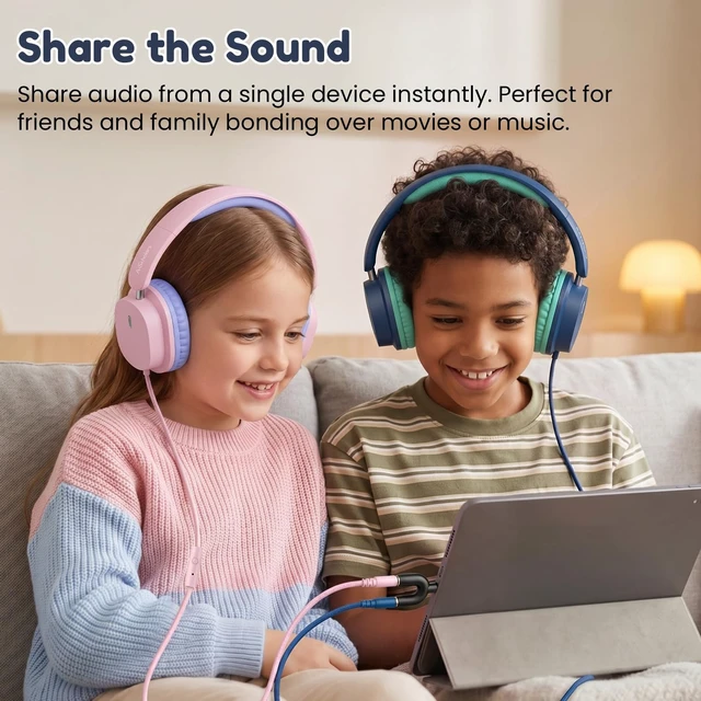 Alt view image 3 of 7 - Kids Wired Headphones for School, 2-Pack with Sharing Splitter HD Mic Stereo sound, Over-ear fit, Foldable design, Tangle-free 3.5 mm cable, Ideal for tablets, laptops and computers