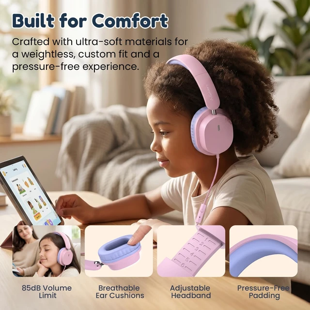Alt view image 4 of 7 - Kids Wired Headphones for School, 2-Pack with Sharing Splitter HD Mic Stereo sound, Over-ear fit, Foldable design, Tangle-free 3.5 mm cable, Ideal for tablets, laptops and computers