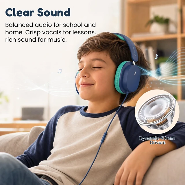 Alt view image 7 of 7 - Kids Wired Headphones for School, 2-Pack with Sharing Splitter HD Mic Stereo sound, Over-ear fit, Foldable design, Tangle-free 3.5 mm cable, Ideal for tablets, laptops and computers