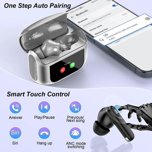 Alt view image 7 of 7 - Wireless Earbuds, AI Translation Earbuds Real Time Touch Screen, Grey 5 EQ Modes, 48H AI Ear Buds with ANC Noise Cancelling/Transparency Mode, IPX7 Waterproof, 164 Language/7 Translation Modes