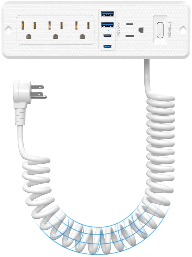 Main image of Drawer Outlet Kit 65W USB C, Furniture Recessed Power Strip Flush Mount Charging Station with 4 Outlets & 4 USB Ports for Home Office Cabinet 10FT Spring Cord White