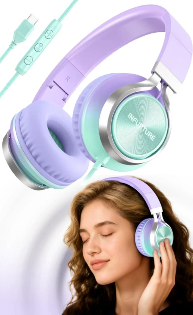 Main image of USB C Headphones Wired with Mic & Volume Control, Tangle-Free, Type C Over-Ear Headphones, Lightweight/Foldable Kids Headphones Wired Headphones USB C for iPad/Sports/School/Travel/iPhone 17/16/15