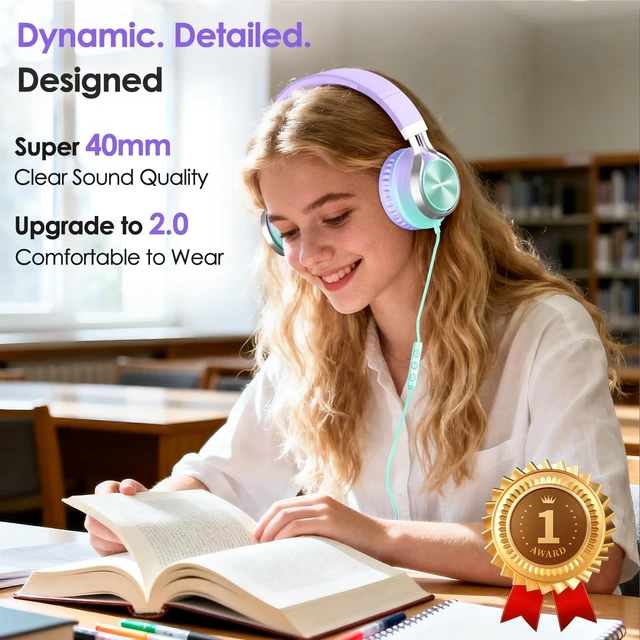 Alt view image 2 of 7 - USB C Headphones Wired with Mic & Volume Control, Tangle-Free, Type C Over-Ear Headphones, Lightweight/Foldable Kids Headphones Wired Headphones USB C for iPad/Sports/School/Travel/iPhone 17/16/15