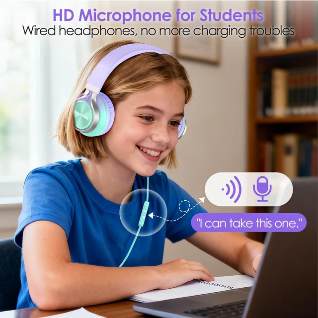 Alt view image 3 of 7 - USB C Headphones Wired with Mic & Volume Control, Tangle-Free, Type C Over-Ear Headphones, Lightweight/Foldable Kids Headphones Wired Headphones USB C for iPad/Sports/School/Travel/iPhone 17/16/15