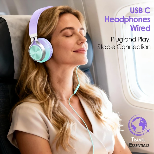 Alt view image 5 of 7 - USB C Headphones Wired with Mic & Volume Control, Tangle-Free, Type C Over-Ear Headphones, Lightweight/Foldable Kids Headphones Wired Headphones USB C for iPad/Sports/School/Travel/iPhone 17/16/15