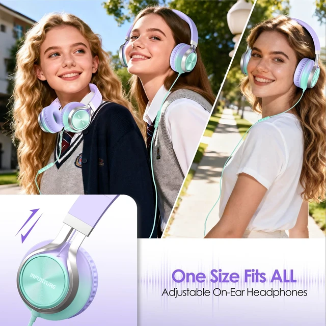 Alt view image 6 of 7 - USB C Headphones Wired with Mic & Volume Control, Tangle-Free, Type C Over-Ear Headphones, Lightweight/Foldable Kids Headphones Wired Headphones USB C for iPad/Sports/School/Travel/iPhone 17/16/15