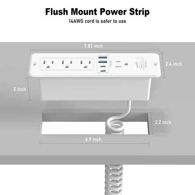 Alt view image 7 of 7 - Drawer Outlet Kit 65W USB C, Furniture Recessed Power Strip Flush Mount Charging Station with 4 Outlets & 4 USB Ports for Home Office Cabinet 10FT Spring Cord White