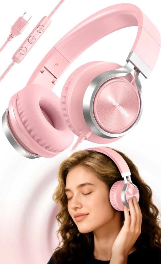 Main image of USB C Headphones Wired with Mic & Volume Control, Noise Isolating Over-Ear Headphones, Tangle-Free Plaiting Line, Foldable Headphone for School/Travel/iPad,Tablet,iPhone 17/16/15(Pink)