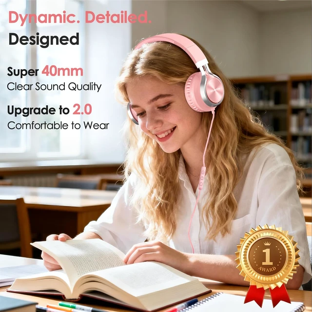 Alt view image 2 of 7 - USB C Headphones Wired with Mic & Volume Control, Noise Isolating Over-Ear Headphones, Tangle-Free Plaiting Line, Foldable Headphone for School/Travel/iPad,Tablet,iPhone 17/16/15(Pink)