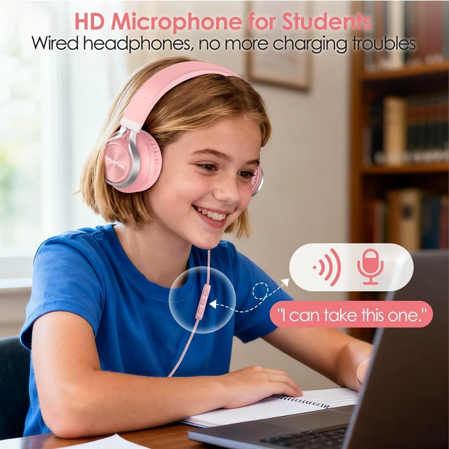 Alt view image 3 of 7 - USB C Headphones Wired with Mic & Volume Control, Noise Isolating Over-Ear Headphones, Tangle-Free Plaiting Line, Foldable Headphone for School/Travel/iPad,Tablet,iPhone 17/16/15(Pink)