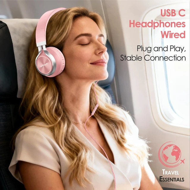 Alt view image 4 of 7 - USB C Headphones Wired with Mic & Volume Control, Noise Isolating Over-Ear Headphones, Tangle-Free Plaiting Line, Foldable Headphone for School/Travel/iPad,Tablet,iPhone 17/16/15(Pink)