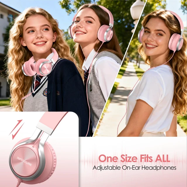 Alt view image 6 of 7 - USB C Headphones Wired with Mic & Volume Control, Noise Isolating Over-Ear Headphones, Tangle-Free Plaiting Line, Foldable Headphone for School/Travel/iPad,Tablet,iPhone 17/16/15(Pink)