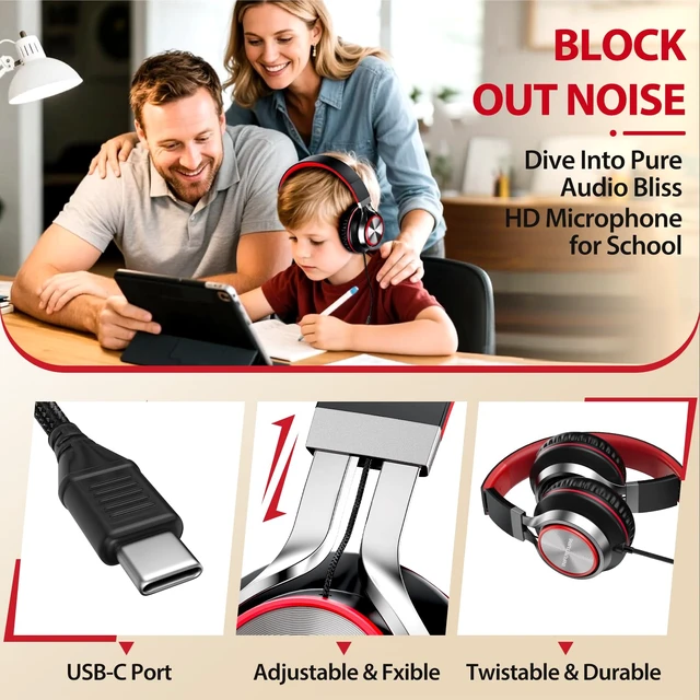 Alt view image 4 of 7 - USB C Headphones Wired with Mic & Volume Control, Noise Isolating Over-Ear Headphones, Tangle-Free Plaiting Line, Foldable Headphone for School/Travel/iPad,Tablet,iPhone 17/16/15