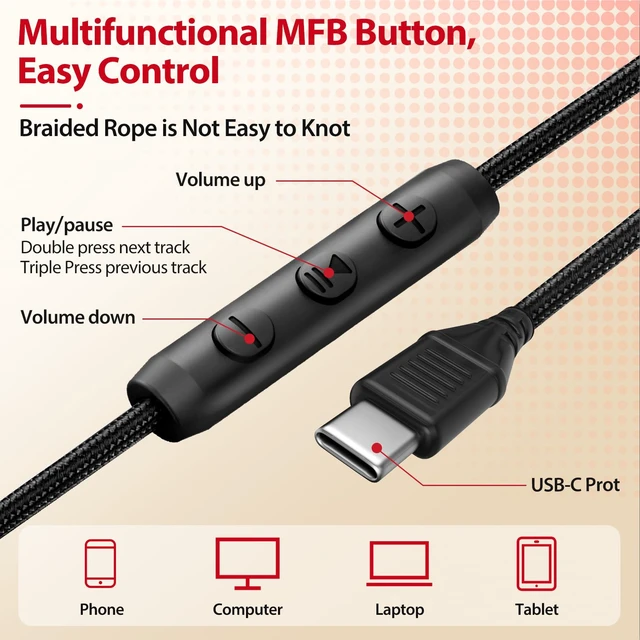 Alt view image 7 of 7 - USB C Headphones Wired with Mic & Volume Control, Noise Isolating Over-Ear Headphones, Tangle-Free Plaiting Line, Foldable Headphone for School/Travel/iPad,Tablet,iPhone 17/16/15