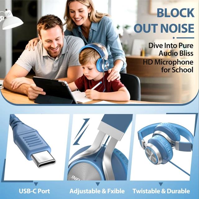 Alt view image 4 of 7 - USB C Headphones Wired with Mic & Volume Control, Noise Isolating Over-Ear Headphones, Tangle-Free Plaiting Line, Foldable Headphone for School/Travel/iPad,Tablet,iPhone 17/16/15