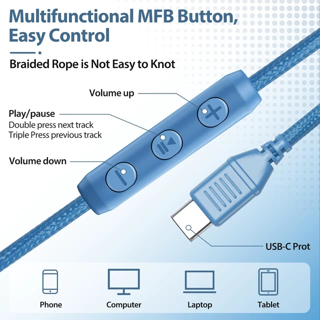 Alt view image 7 of 7 - USB C Headphones Wired with Mic & Volume Control, Noise Isolating Over-Ear Headphones, Tangle-Free Plaiting Line, Foldable Headphone for School/Travel/iPad,Tablet,iPhone 17/16/15