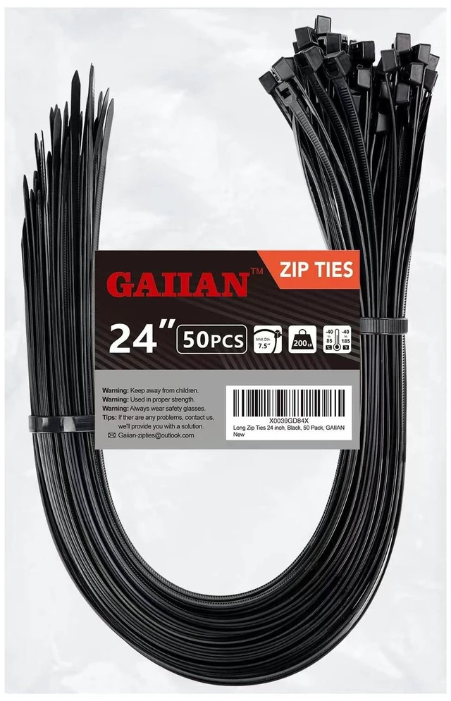Main image of Long Zip Ties Heavy Duty 24 inch, Large Zip Ties with 200 lbs Tensile Strength, Big Cable Ties, Black, 50 Pack, by