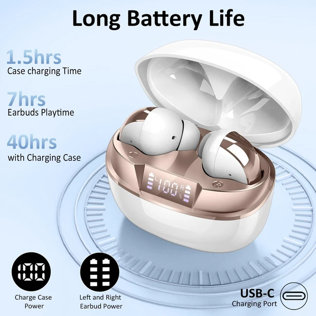 Alt view image 4 of 7 - Wireless Earbuds Stereo Sound in Ear Headphones, 47H Playtime, LED Display Noise Cancelling EarBuds Deep Bass with 4 Mic ENC Clear Calls, Bluetooth 5.4 Headphones, Touch Control, IP7 Waterproof
