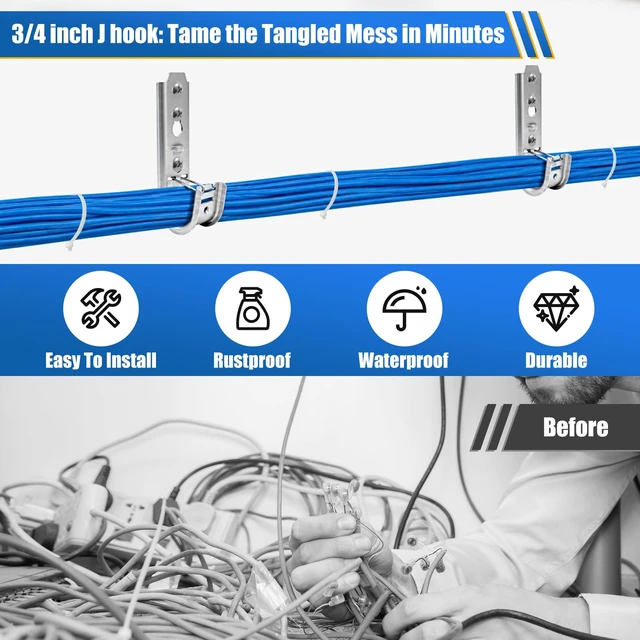Alt view image 5 of 7 - 3/4 Inch J Hooks Wall Mount Cable Support, 50 Pack with Retainer Clips 16-Gauge Galvanized Steel, Up to 50 lb; Holds About 7 CAT6 Cables for Ethernet, Coax & Fiber, Screws Not Included